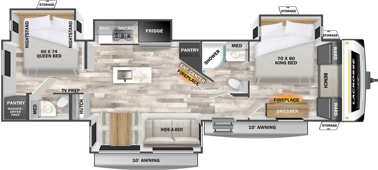 The LaCrosse 3510DB has one entry and four slide outs. Exterior features include: fiberglass exterior and 10' & 10' awning. Interiors features include: kitchen island, free-standing dinette option, front bedroom, rear bedroom and two bedrooms.